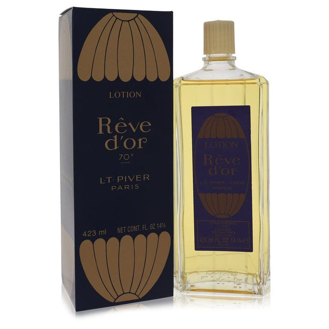 Bottle and packaging of Rêve d’or lotion by LT Piver Paris, featuring a gold and navy design with 423 ml content.
