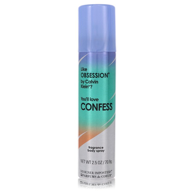 Designer Imposters Confess body spray, 2.5 oz can, with a label that reads “Like Obsession by Calvin Klein? You’ll love Confess”.