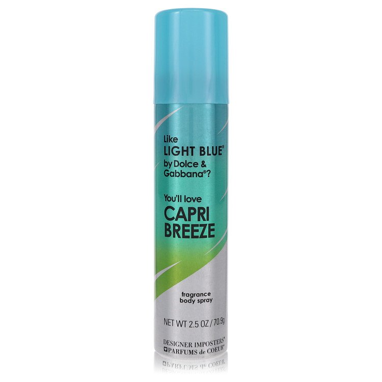 Designer Imposters Capri Breeze body spray, inspired by Light Blue by Dolce & Gabbana, 2.5 oz turquoise and silver aerosol can.
