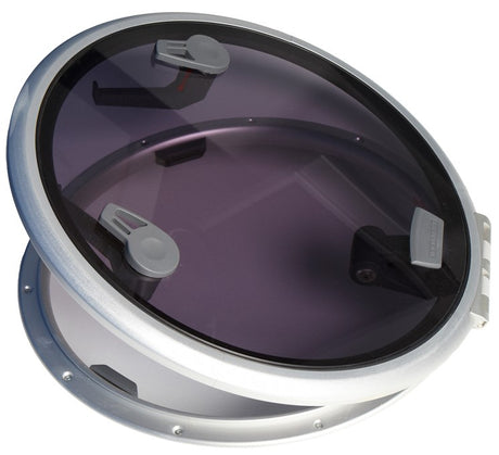 Round marine deck hatch with tinted cover and dual locking handles, designed for boats or yachts.