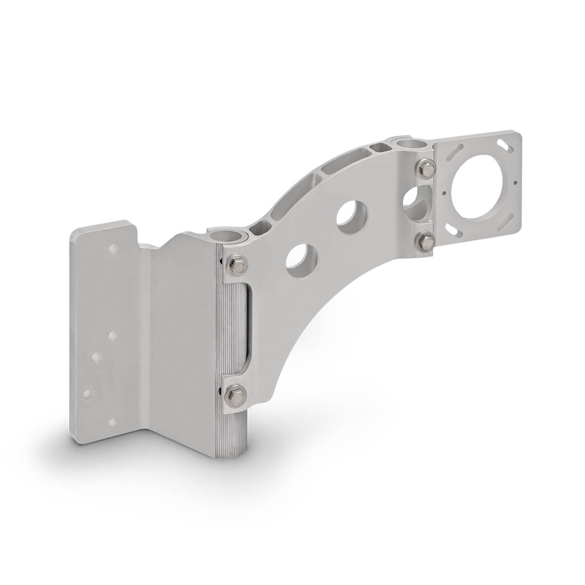 Aluminum adjustable outboard bracket with mounting holes and reinforced hinge, designed for marine engine support.